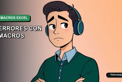 Ilustración plana corporativa de un trabajador masculino frustrado frente a un laptop, representando problemas de productividad con macros de Excel. Fondo degradado verde.