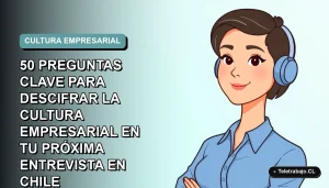 Ilustración plana vectorial de una mujer profesional chilena con blusa azul y pelo corto, sobre fondo degradado suave azul verdoso, representando una entrevista laboral.