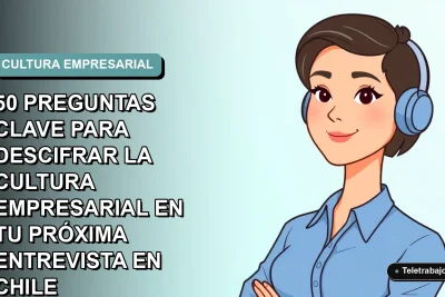 Ilustración plana vectorial de una mujer profesional chilena con blusa azul y pelo corto, sobre fondo degradado suave azul verdoso, representando una entrevista laboral.