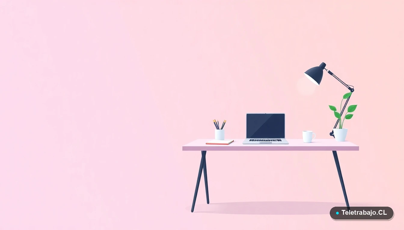 Escritorio moderno minimalista con laptop, cuaderno, taza de café y una planta, en estilo de ilustración vectorial plana sobre fondo degradado lila suave.