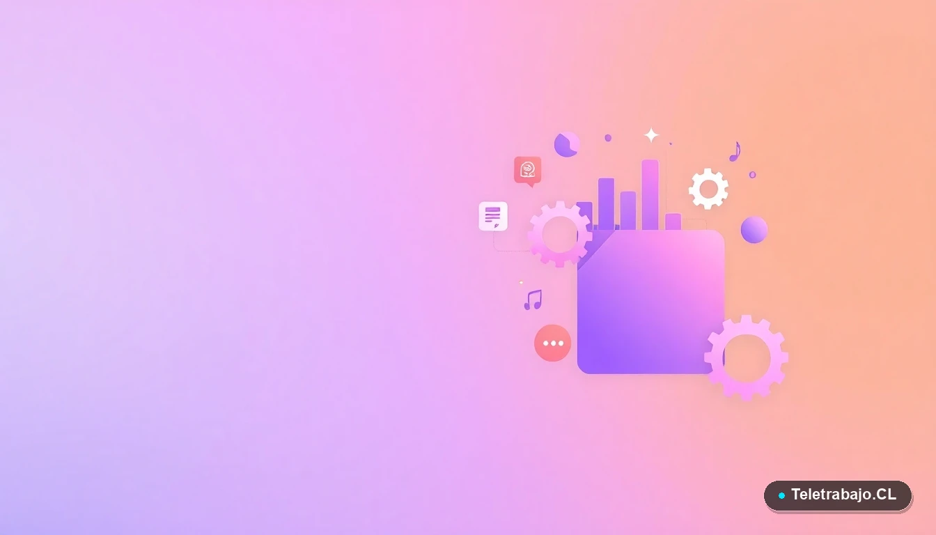Composición abstracta de interfaz de usuario tecnológica con gráficos y engranajes flotantes, en estilo vectorial plano con colores lavanda y durazno, fondo degradado y espacio negativo.