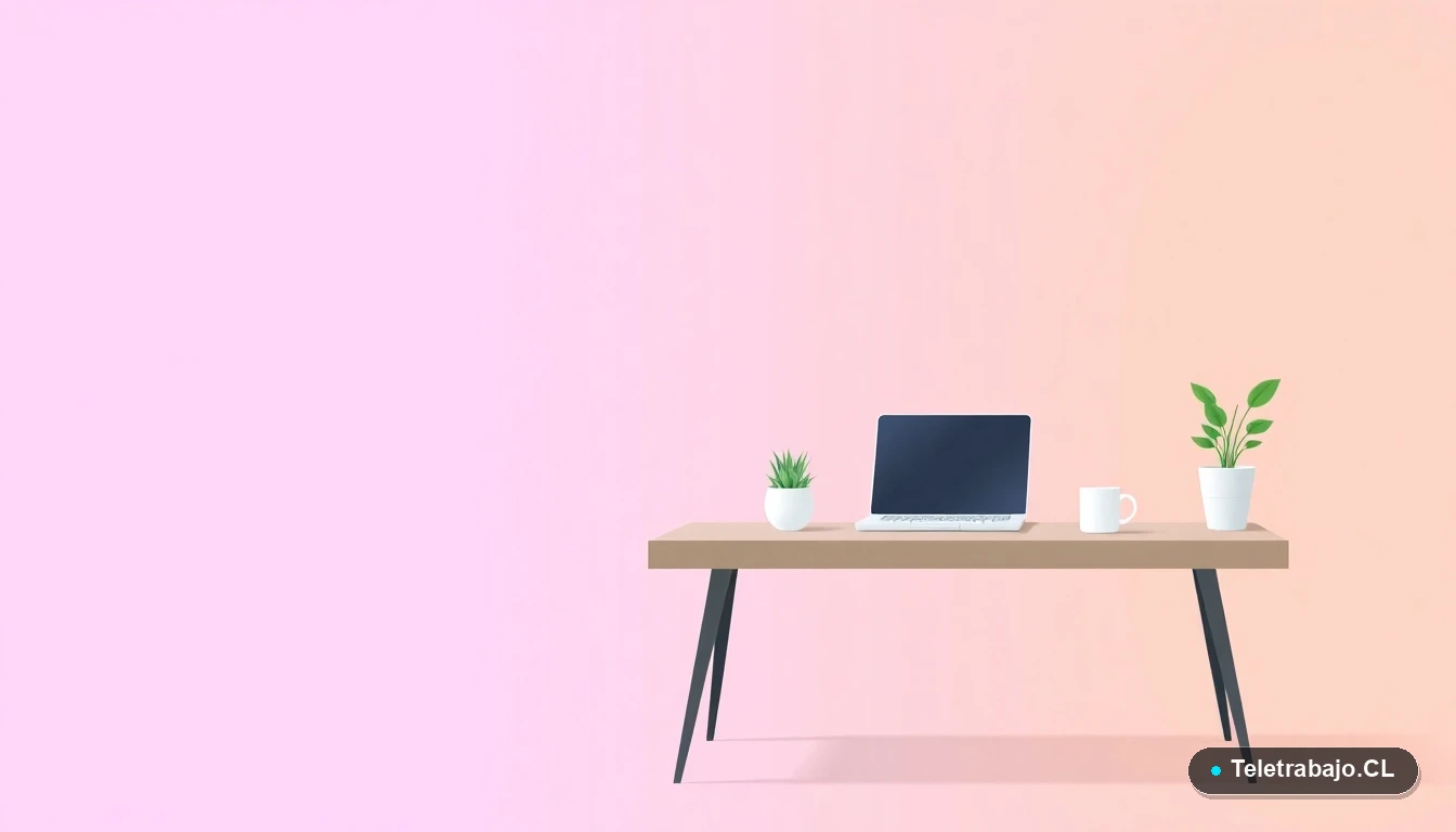 Ilustración vectorial de un escritorio moderno y minimalista con laptop, taza de café y una planta suculenta, sobre fondo degradado lila y durazno. Concepto de espacio de trabajo limpio.