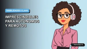 Ilustración plana corporativa de una mujer profesional remota, con fondo degradado azul, representando las habilidades clave para autónomos.