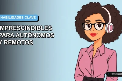 Ilustración plana corporativa de una mujer profesional remota, con fondo degradado azul, representando las habilidades clave para autónomos.