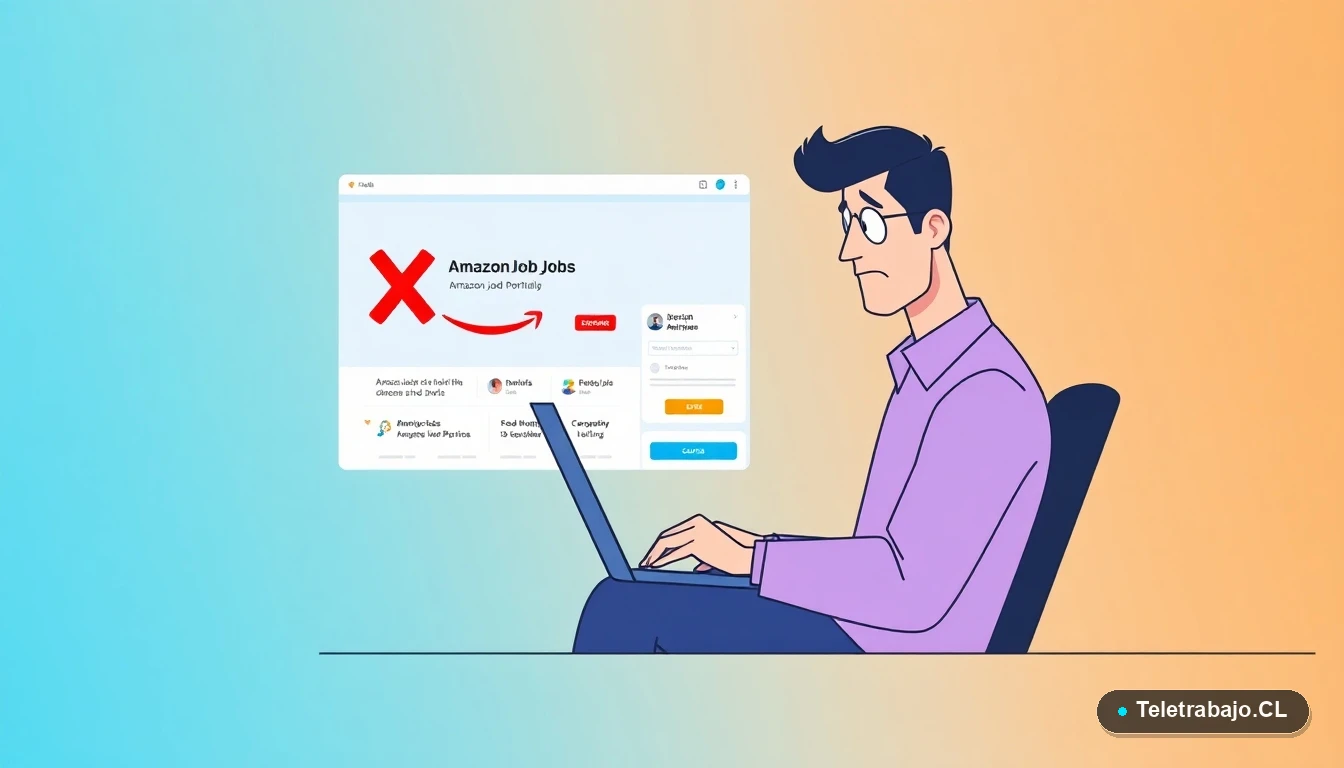 Persona en Chile frustrada al postular a un trabajo remoto en Amazon, viendo una pantalla con error.