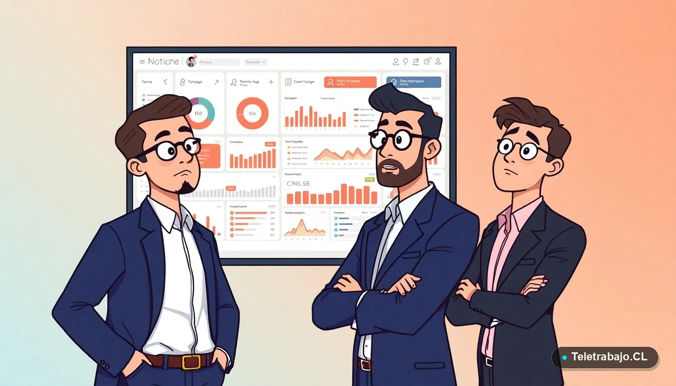 Equipo profesional chileno analizando un dashboard de Power BI confuso y lleno de errores comunes de visualización.