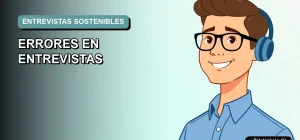 Ilustración plana corporativa de un trabajador masculino moderno con camisa azul, sobre un fondo degradado suave, representando una entrevista para un empleo sostenible.