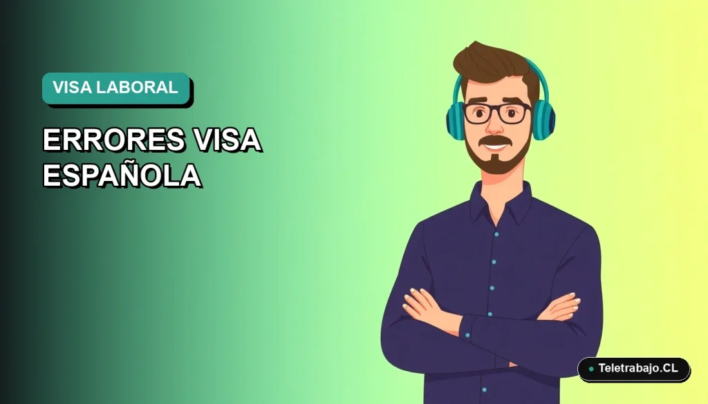 Ilustración vectorial plana de estilo Corporate Memphis de un trabajador chileno profesional, con fondo degradado azul verdoso, para artículo sobre errores comunes en la visa laboral española.