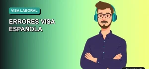 Ilustración vectorial plana de estilo Corporate Memphis de un trabajador chileno profesional, con fondo degradado azul verdoso, para artículo sobre errores comunes en la visa laboral española.