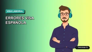 Ilustración vectorial plana de estilo Corporate Memphis de un trabajador chileno profesional, con fondo degradado azul verdoso, para artículo sobre errores comunes en la visa laboral española.