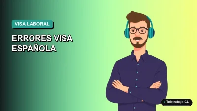 Ilustración vectorial plana de estilo Corporate Memphis de un trabajador chileno profesional, con fondo degradado azul verdoso, para artículo sobre errores comunes en la visa laboral española.