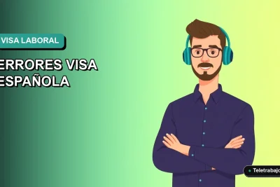 Ilustración vectorial plana de estilo Corporate Memphis de un trabajador chileno profesional, con fondo degradado azul verdoso, para artículo sobre errores comunes en la visa laboral española.