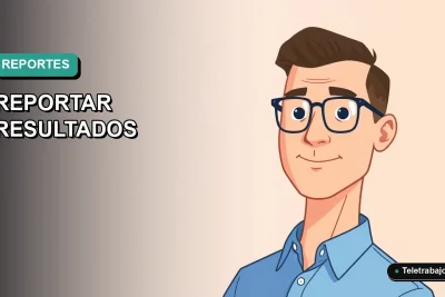 Ilustración vectorial plana corporativa de un trabajador masculino de teletrabajo con camisa azul, sobre fondo degradado verde azulado. Representa errores en reportes de trabajo remoto.