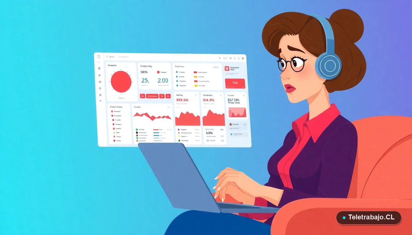 Mujer profesional preocupada revisando un reporte de resultados desorganizado en su laptop durante el teletrabajo.