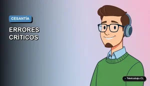Ilustración vectorial plana de estilo Corporate Memphis de un trabajador masculino con lentes y suéter verde, sobre un fondo degradado azul, representando la solicitud del seguro de cesantía en Chile.
