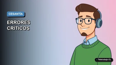 Ilustración vectorial plana de estilo Corporate Memphis de un trabajador masculino con lentes y suéter verde, sobre un fondo degradado azul, representando la solicitud del seguro de cesantía en Chile.