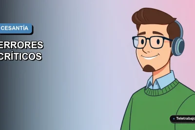 Ilustración vectorial plana de estilo Corporate Memphis de un trabajador masculino con lentes y suéter verde, sobre un fondo degradado azul, representando la solicitud del seguro de cesantía en Chile.