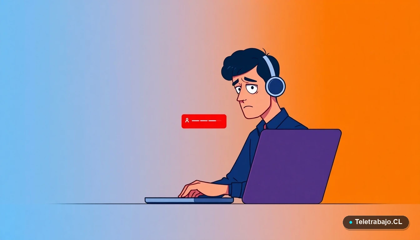 Persona frustrada frente a computador con error al solicitar seguro de cesantía en línea.