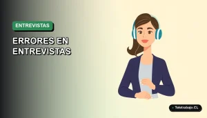 Ilustración vectorial plana de estilo Corporate Memphis de una mujer profesional con blusa azul y cabello recogido, sobre un fondo degradado verde marino y blanco. Representa una entrevista de trabajo remota.