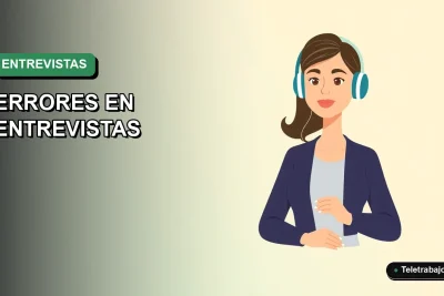 Ilustración vectorial plana de estilo Corporate Memphis de una mujer profesional con blusa azul y cabello recogido, sobre un fondo degradado verde marino y blanco. Representa una entrevista de trabajo remota.