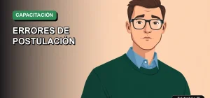 Ilustración vectorial plana estilo Corporate Memphis de un trabajador masculino con lentes y suéter verde, sobre un fondo degradado, representando errores comunes en postulaciones SENCE.