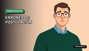 Ilustración vectorial plana estilo Corporate Memphis de un trabajador masculino con lentes y suéter verde, sobre un fondo degradado, representando errores comunes en postulaciones SENCE.