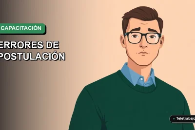 Ilustración vectorial plana estilo Corporate Memphis de un trabajador masculino con lentes y suéter verde, sobre un fondo degradado, representando errores comunes en postulaciones SENCE.