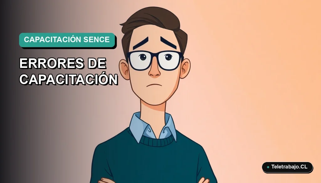 Ilustración vectorial plana de estilo premium que representa un error crítico en la capacitación SENCE de teletrabajo, con un fondo de gradiente suave y espacio negativo.