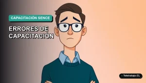 Ilustración vectorial plana de estilo premium que representa un error crítico en la capacitación SENCE de teletrabajo, con un fondo de gradiente suave y espacio negativo.