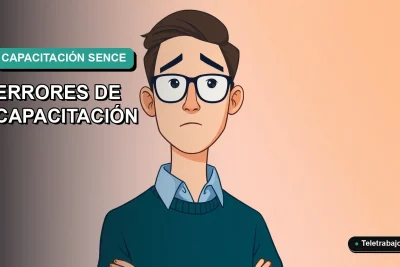 Ilustración vectorial plana de estilo premium que representa un error crítico en la capacitación SENCE de teletrabajo, con un fondo de gradiente suave y espacio negativo.