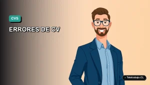 Ilustración plana corporativa de un trabajador profesional masculino con camisa azul, sobre fondo degradado verde azulado, representando el tema de errores en currículums y sistemas ATS en Chile.