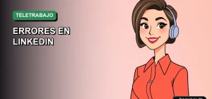 Ilustración vectorial plana de estilo premium que muestra a una mujer teletrabajadora chilena, con un fondo de gradiente suave, representando los errores comunes en el perfil de LinkedIn.