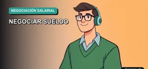 Ilustración vectorial plana estilo Corporate Memphis de un trabajador remoto masculino con suéter verde, sobre fondo degradado azul y verde, para artículo sobre errores al negociar salario en teletrabajo.