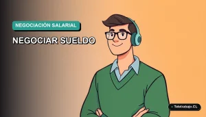 Ilustración vectorial plana estilo Corporate Memphis de un trabajador remoto masculino con suéter verde, sobre fondo degradado azul y verde, para artículo sobre errores al negociar salario en teletrabajo.
