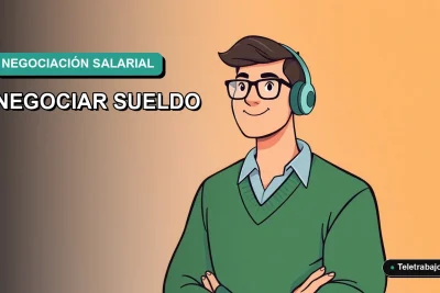 Ilustración vectorial plana estilo Corporate Memphis de un trabajador remoto masculino con suéter verde, sobre fondo degradado azul y verde, para artículo sobre errores al negociar salario en teletrabajo.