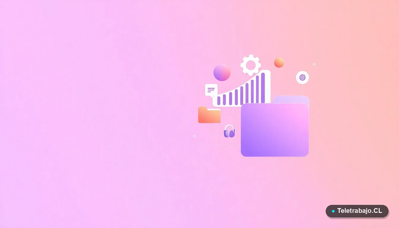 Composición abstracta de interfaz de usuario tecnológica con gráficos flotantes y iconos de engranaje y carpeta en colores lavanda y durazno, sobre fondo degradado. Espacio negativo minimalista.