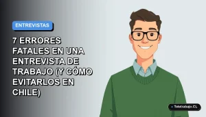 Ilustración vectorial plana de un trabajador masculino de tecnología con suéter verde, sobre un fondo degradado azul y gris. Representa errores comunes en entrevistas de trabajo en Chile.