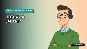 Ilustración vectorial plana y moderna de un trabajador remoto masculino con suéter verde, sobre un fondo degradado, representando la negociación de salarios en Chile.