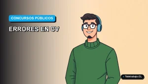 Ilustración plana corporativa de un trabajador moderno revisando un CV digital, sobre fondo azul degradado, para artículo sobre errores en concursos públicos en Chile.