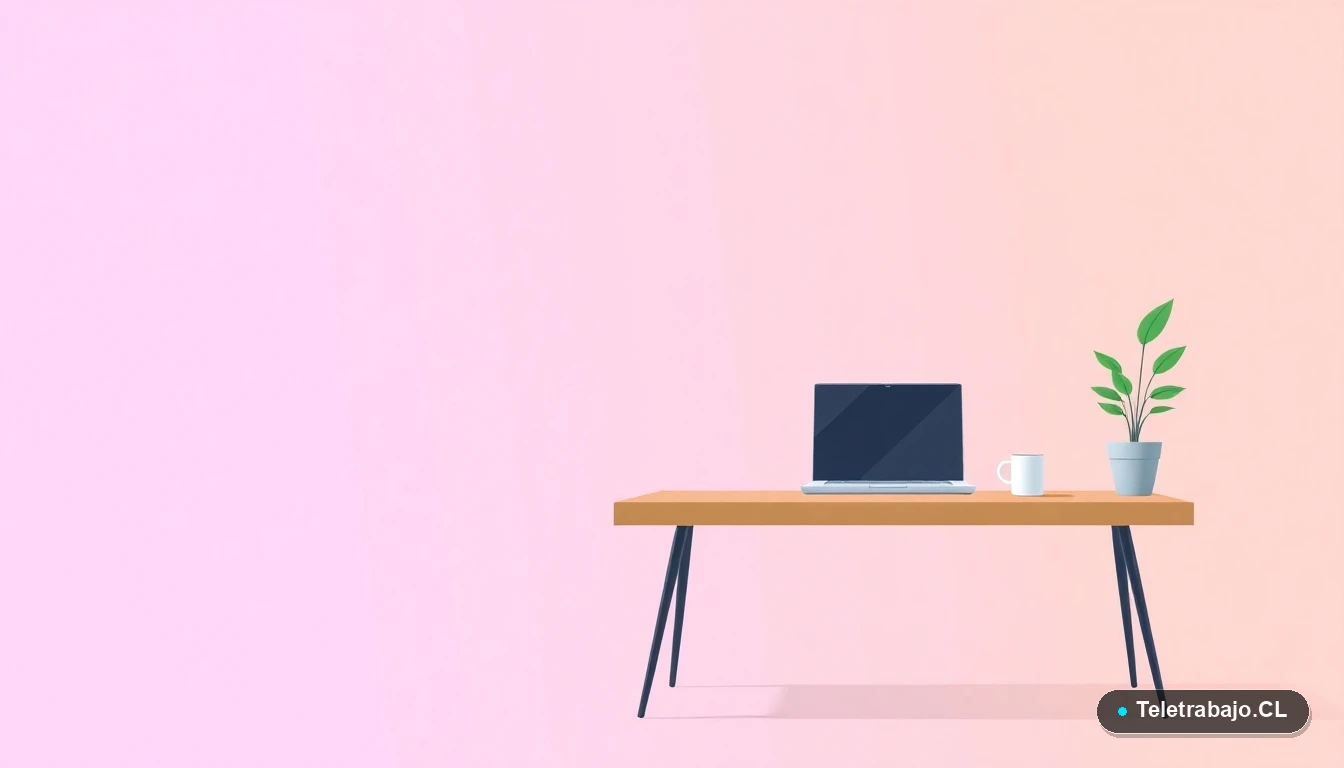 Escritorio moderno minimalista con laptop, taza de café y planta, sobre fondo degradado lavanda y durazno, concepto de productividad laboral en Chile.