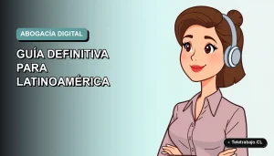 Ilustración plana corporativa de una abogada latina trabajando de forma remota desde su computador portátil, con fondo degradado suave.