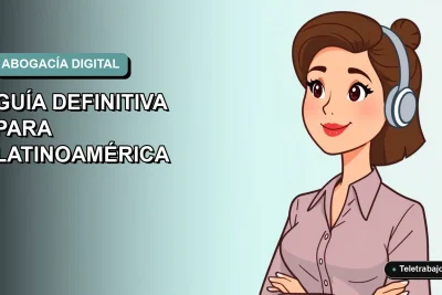 Ilustración plana corporativa de una abogada latina trabajando de forma remota desde su computador portátil, con fondo degradado suave.