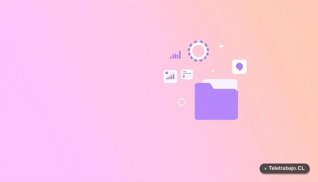 Elementos de interfaz de usuario abstractos y minimalistas, como gráficos y carpetas flotantes, sobre un fondo degradado lavanda.