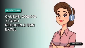 Ilustración vectorial plana de una trabajadora de oficina moderna con expresión pensativa, sobre un fondo degradado suave de azul verdoso. Espacio negativo a la izquierda.