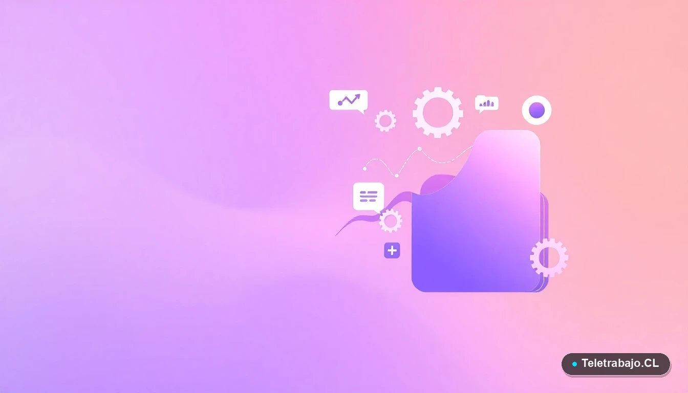 Composición abstracta de interfaz de usuario con gráficos flotantes, engranajes y carpetas, sobre un fondo degradado lila, representando el análisis de datos y la gestión del ausentismo.
