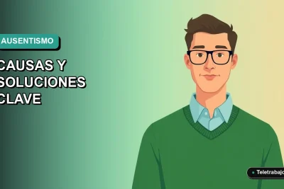 Ilustración vectorial plana estilo Corporate Memphis de un trabajador masculino de teletrabajo con suéter verde, sobre un fondo degradado suave de color teal. Espacio negativo a la izquierda.