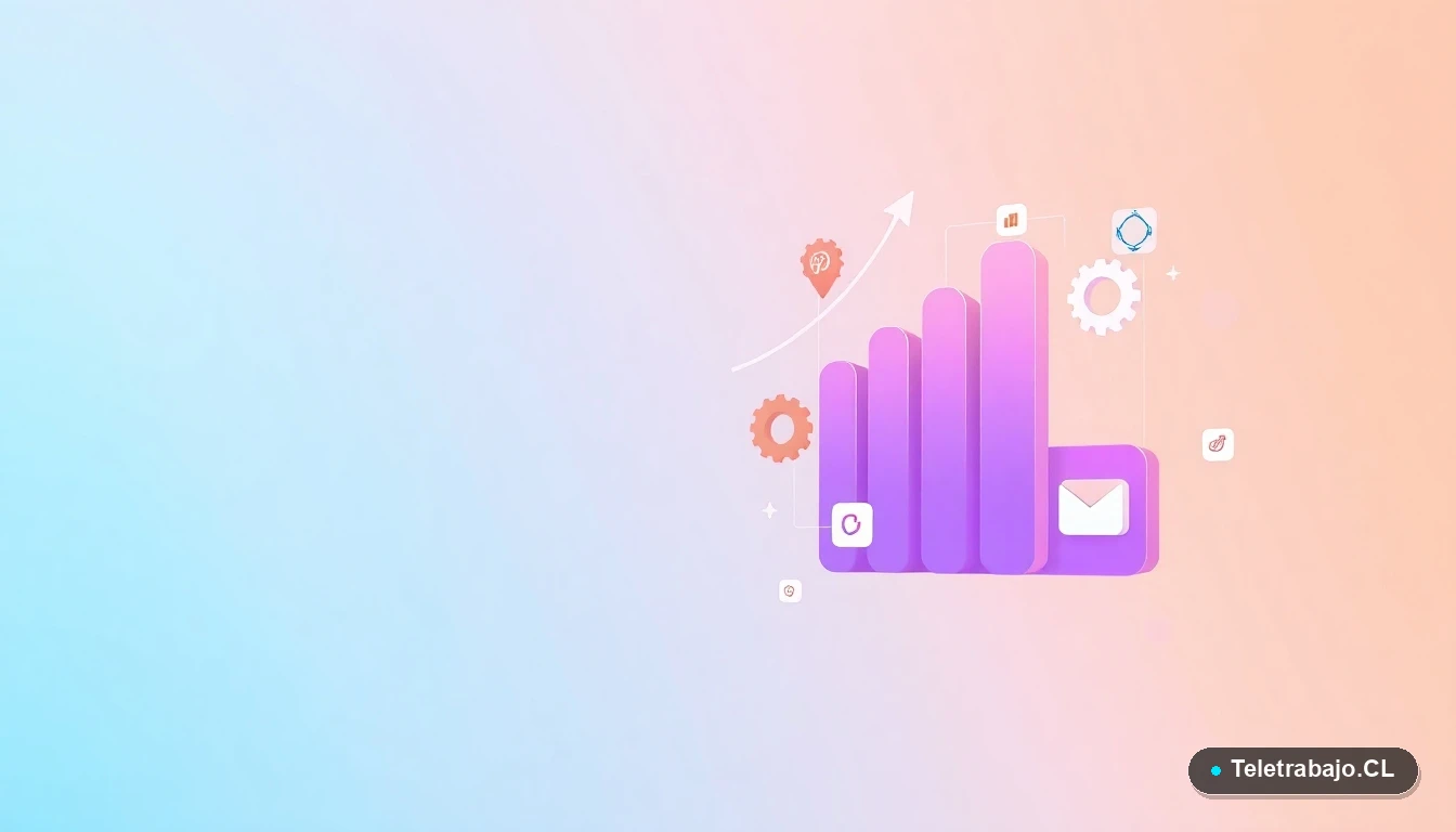 Composición abstracta de interfaz de usuario tecnológica con gráficos flotantes y engranajes estilizados, en colores lavanda y durazno, sobre fondo degradado de menta. Ilustración vectorial plana.