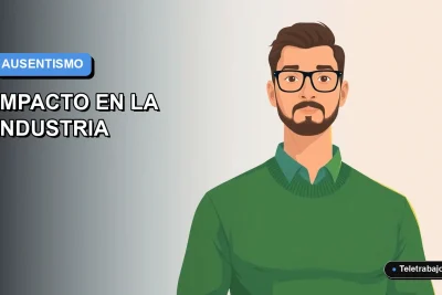 Ilustración vectorial plana de un trabajador masculino de tecnología remota, con suéter verde, mirando a la izquierda, sobre un fondo degradado azul y gris. Espacio negativo a la izquierda.