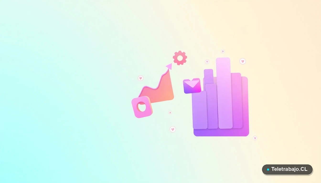 Composición abstracta de interfaz de usuario tecnológica con gráficos flotantes y iconos de engranajes en colores lavanda y durazno, sobre fondo degradado de menta.