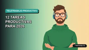 Ilustración plana vectorial de un trabajador remoto masculino con suéter verde, mirando a la izquierda, sobre fondo degradado azul verdoso. Espacio negativo a la izquierda.